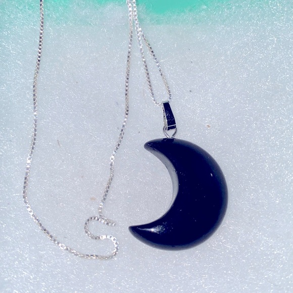 Hand Crafted Jewelry - Boho hippie Natural Black Onyx moon Sterling Silver 16” Nec…